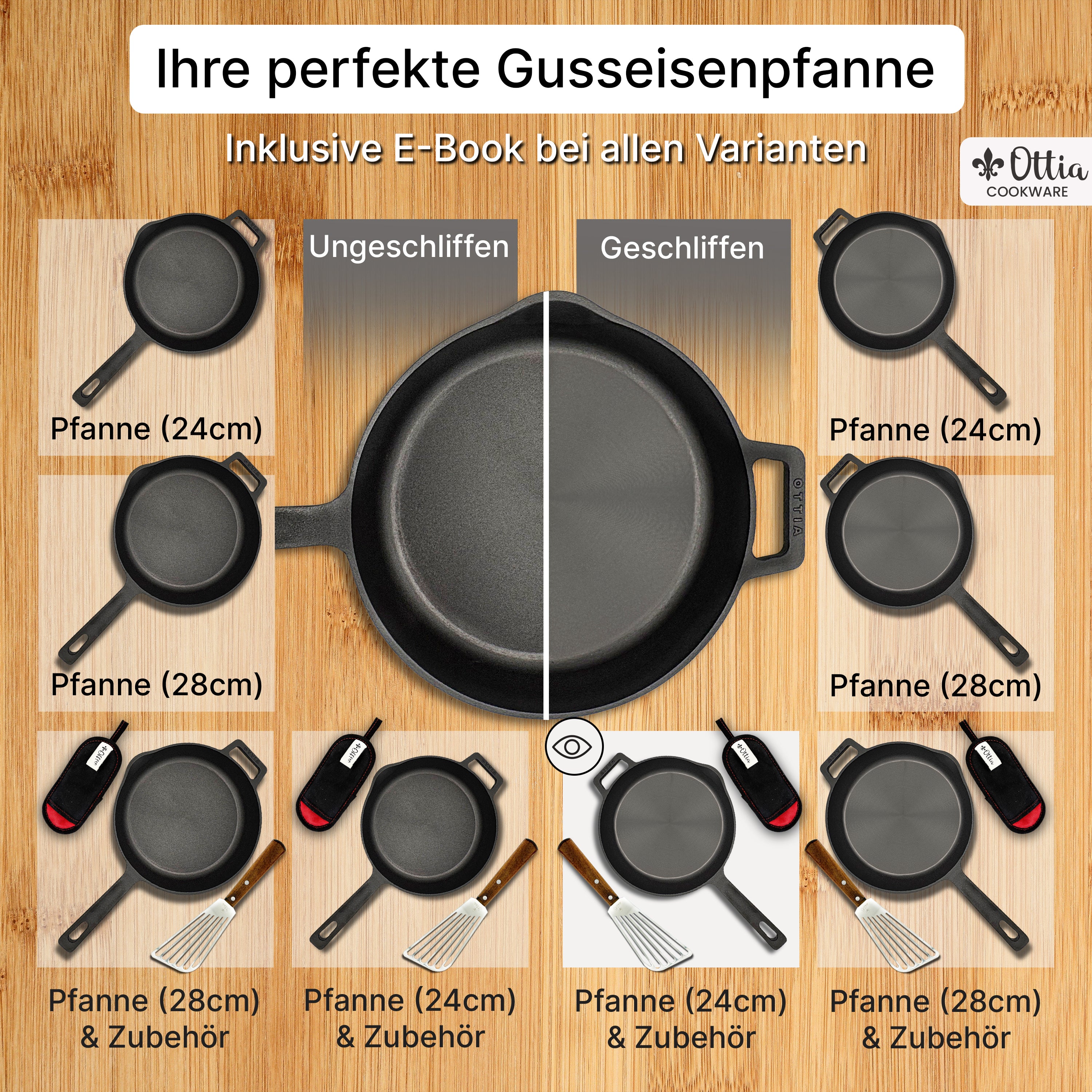 Reine geschliffene Gusseisenpfanne 24cm mit eKochbuch, Pfannenwender, Hitzeschutz