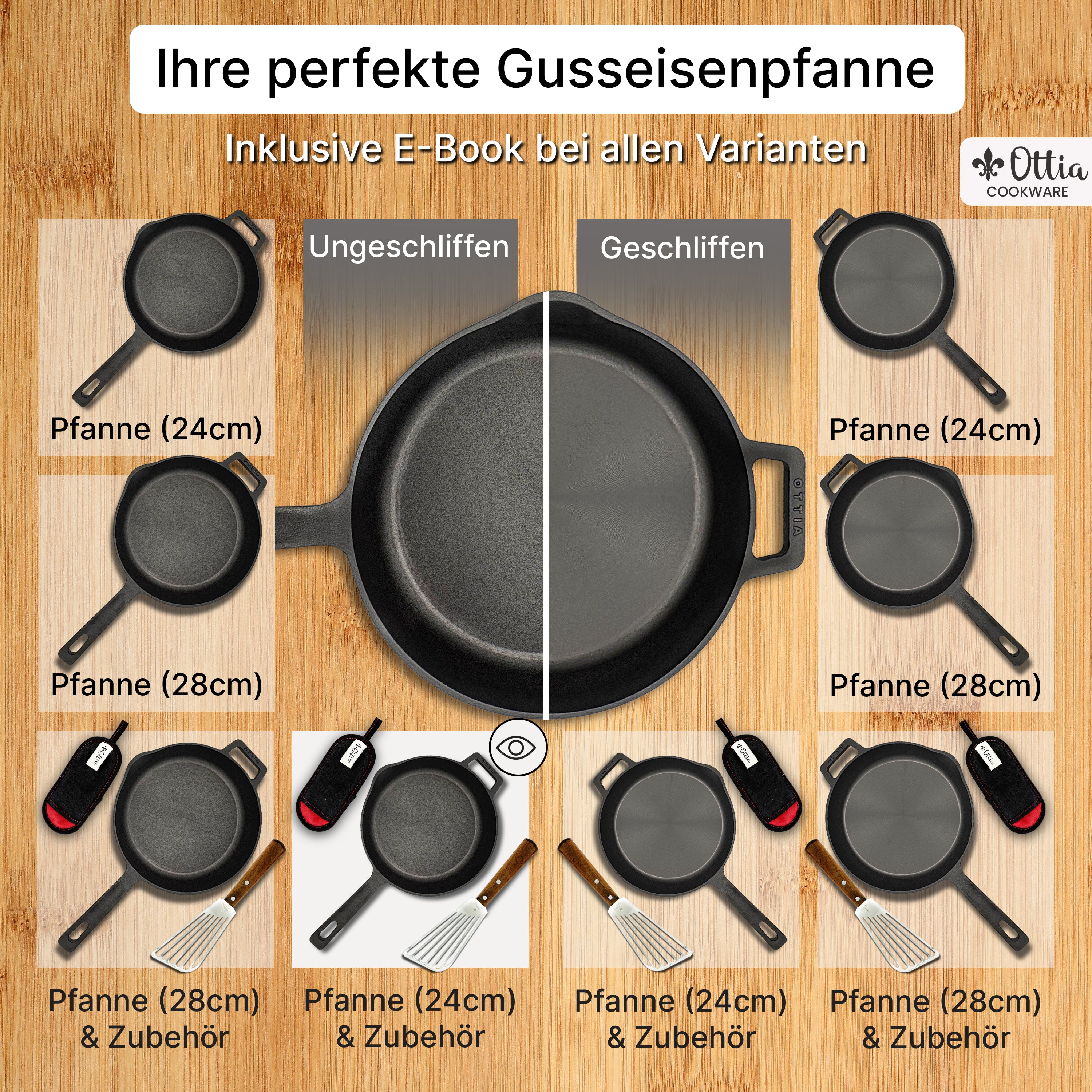 Reine Gusseisenpfanne 24cm mit eKochbuch, Pfannenwender, Hitzeschutz