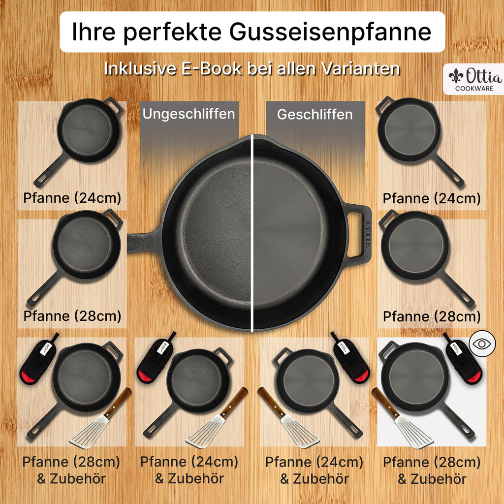 Reine geschliffene Gusseisenpfanne 28cm mit eKochbuch