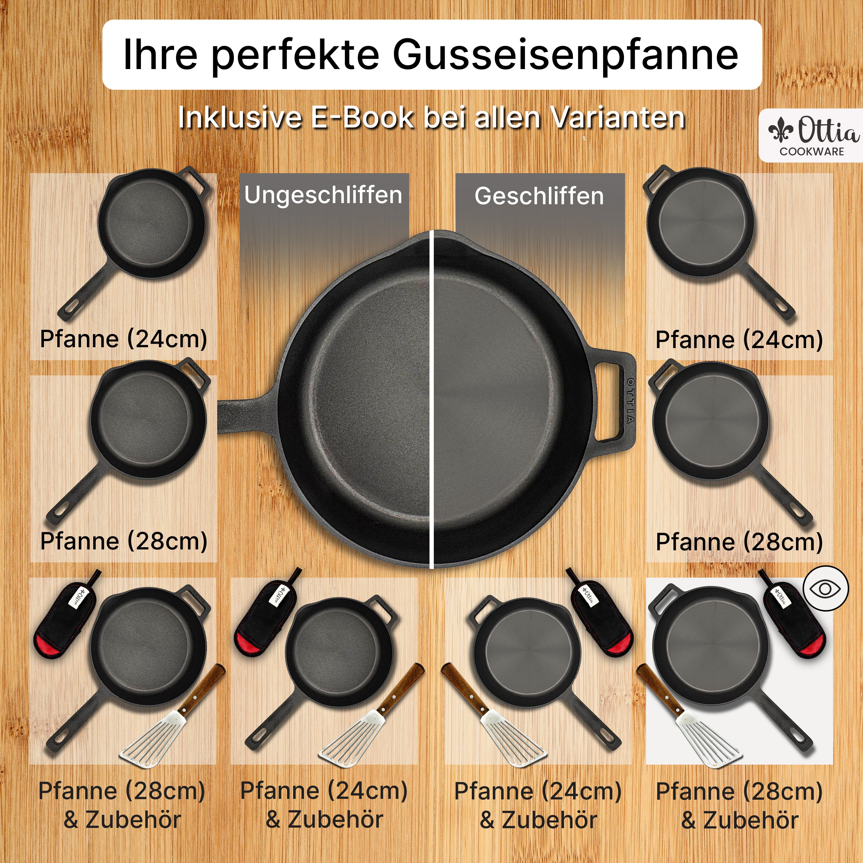 Reine geschliffene Gusseisenpfanne 28cm mit eKochbuch