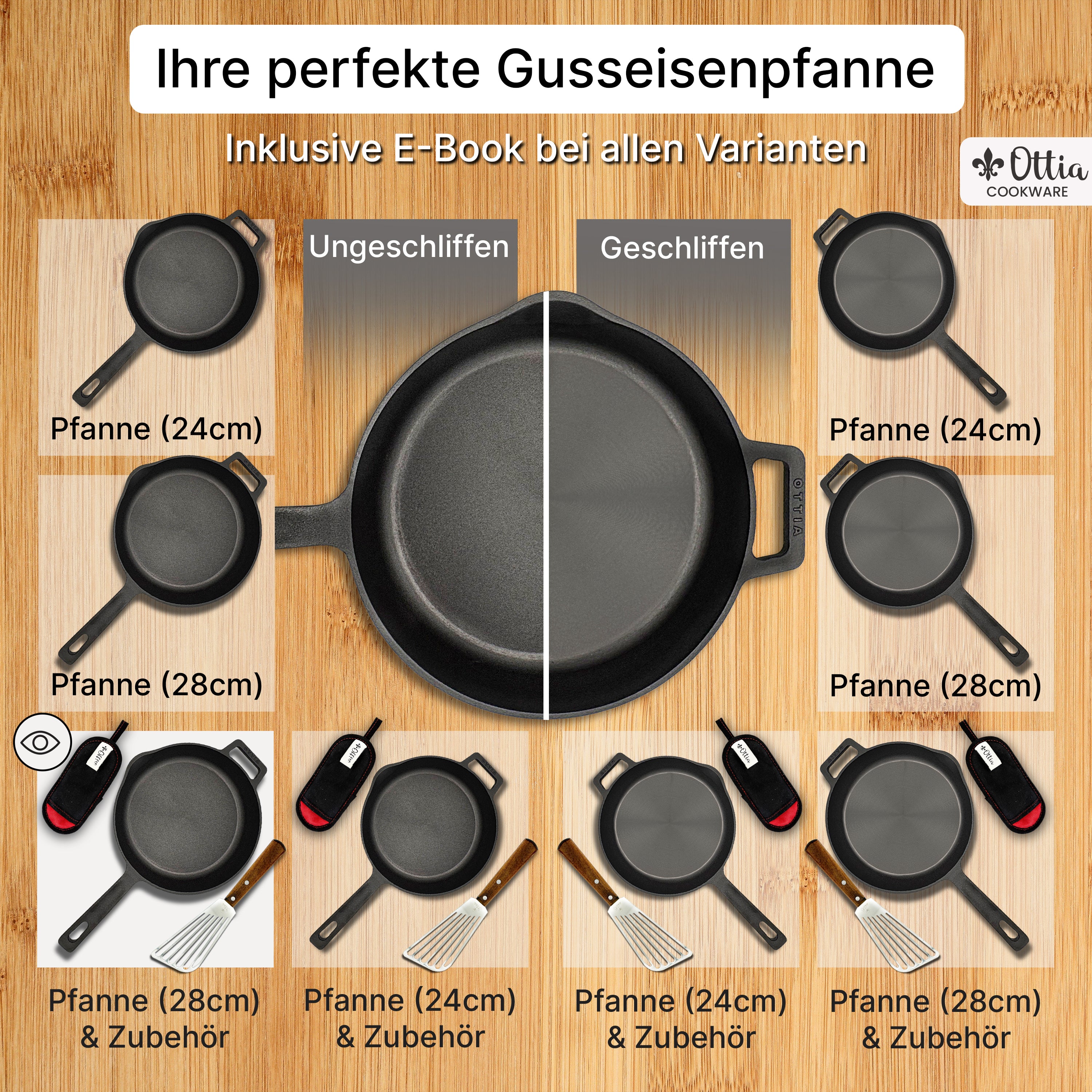 Reine Gusseisenpfanne 28cm mit eKochbuch, Pfannenwender, Hitzeschutz