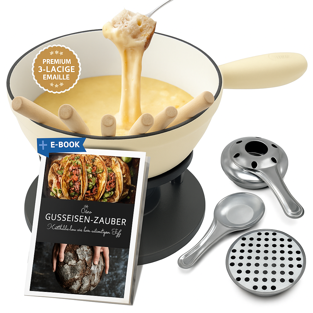 Gusseisen Fondue Set für 2-6 Personen, 3-lagige Emaille, Schadstofffrei, 10-teilig