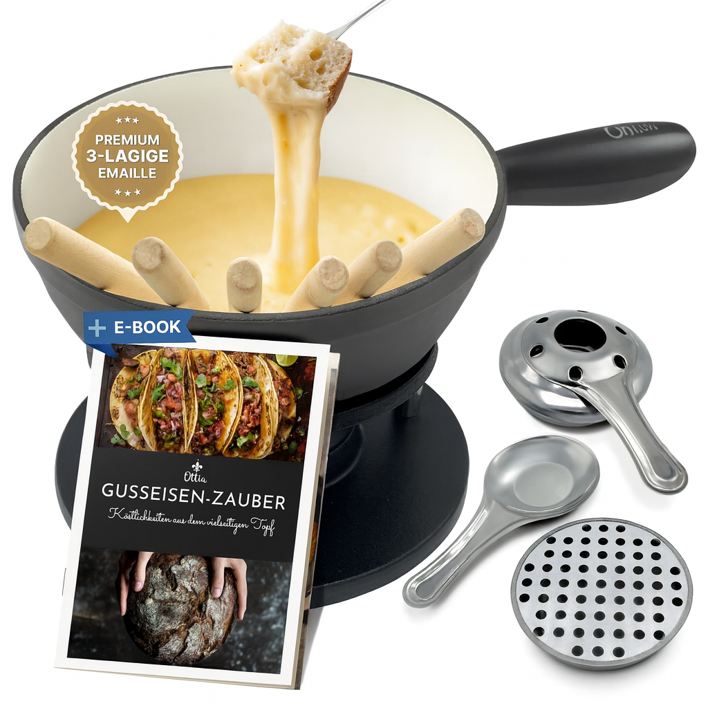 Gusseisen Fondue Set für 2-6 Personen, 3-lagige Emaille, Schadstofffrei, 10-teilig